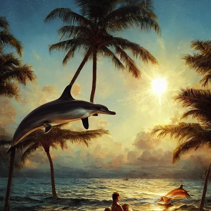 Image similar to dolphins swimming, golden hour, god rays, by artgerm and ruan jia and ismail inceoglu and greg olsen, palm trees, cosmos, milky way galaxy, masterpiece, beautiful, intricate, elegant, highly detailed