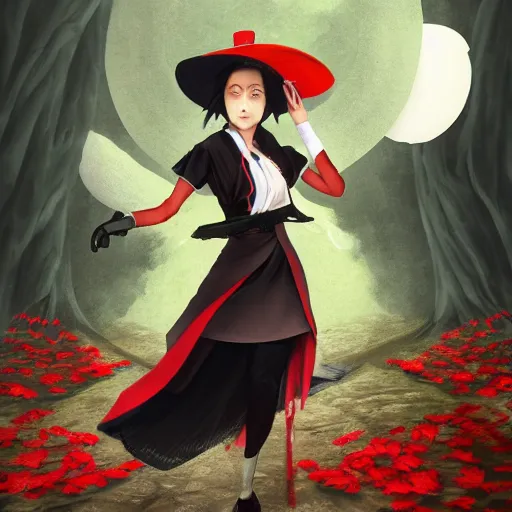 Prompt: portrait of a female crow tengu journalist with short black hair and a tiny red hexagonal hat, wearing a white shirt and a black and autumn leaf patterned skirt, touhou beautiful and detailed digital art, 4 k hd, ross tran, bo chen, rebecca oborn, michael whelan