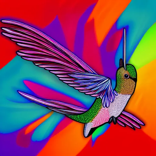Prompt: frantic hummingbird phoenix zipping around, wanting to explore and investigate everything. it\'s curiosity is unbounded and unsatiable, digital art, trending on artstation, cartoon, stylized, rainbow feathers