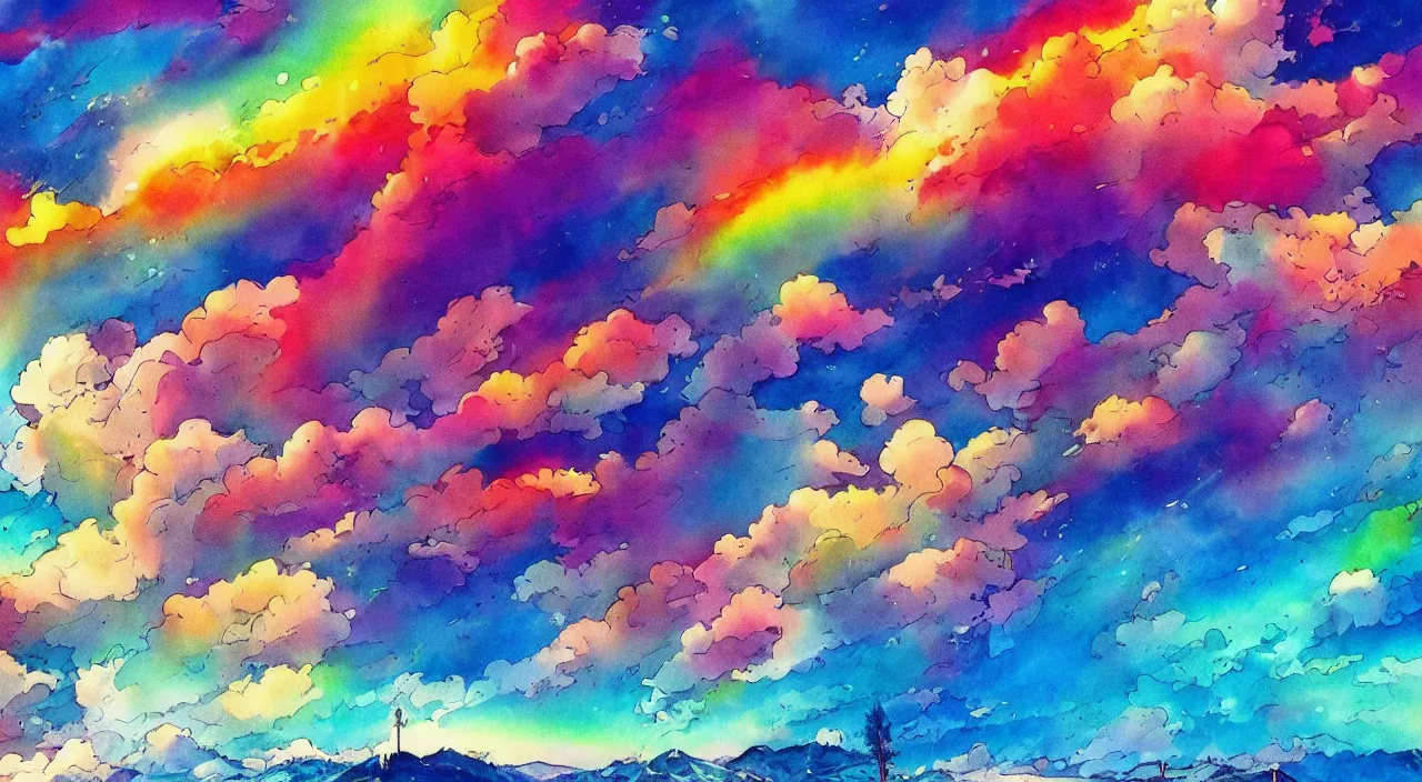 Prompt: A beautiful landscape with wavelike clouds, rainbow flowing clouds, vivid landscape, award-winning anime style, wallpaper, relaxing, bright, Watercolor expressionist, comic book style, manga style