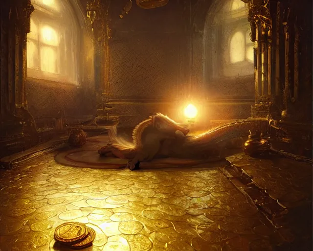 Image similar to dragon sleeping in a room filled with gold coin, gold, treasure. glistening, volumetric light, by greg rutkowski