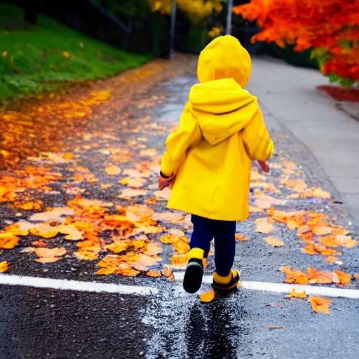 Image similar to anthropomorphic cute kitten wearing a yellow raincoat and yellow boots getting off the schoolbus on the first day of kindergarten, with colorful fall leaves and light rain, critical moment photograph