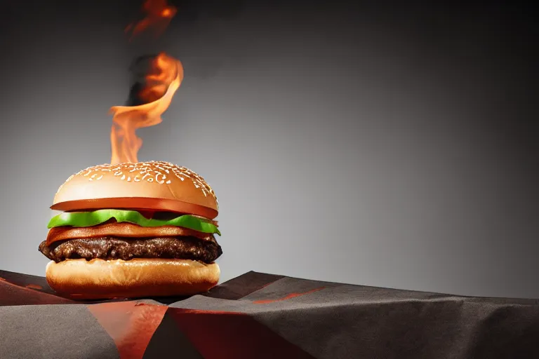 Image similar to mcdonalds hamburger on fire, commercial photography