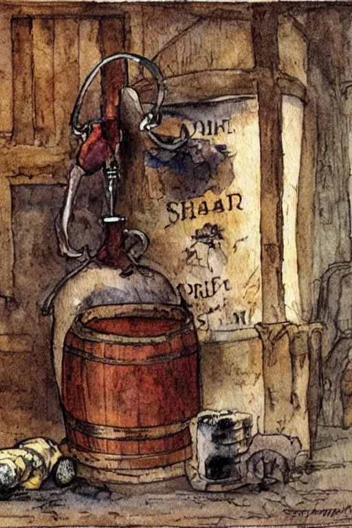 Prompt: pork schnapps wine candle on a barrel in a cellar, watercolor painting by anderz zorn and carl larsson