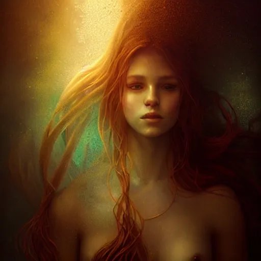 Image similar to playful beautiful captivating mermaid portrait, mysterious atmospheric lighting, painted, intricate, volumetric lighting, beautiful, rich deep colours masterpiece, golden hour, photoreal, sharp focus, ultra detailed, by leesha hannigan, ross tran, thierry doizon, kai carpenter, ignacio fernandez rios