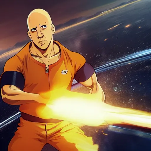 Image similar to vin diesel as saitama!!! throwing!!! a car!!!!!!!!!! into space, ultra realistic, lens flare, atmosphere, glow, detailed, intricate, full of colour, cinematic lighting, trending on artstation, 4 k, hyperrealistic, focused, extreme details, unreal engine 5, cinematic, masterpiece