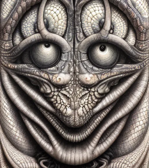 Image similar to detailed realistic beautiful chameleon goddess face portrait by jean delville, gustave dore, iris van herpen and marco mazzoni, art forms of nature by ernst haeckel, art nouveau, symbolist, visionary, gothic, neo - gothic, pre - raphaelite, fractal lace, intricate alien botanicals, biodiversity, surreality, hyperdetailed ultrasharp octane render