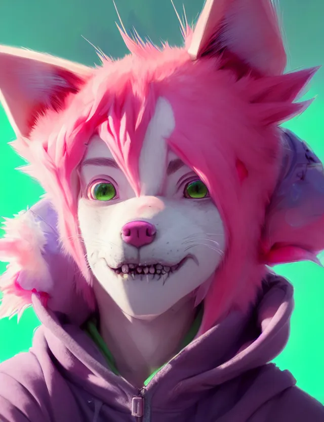 Image similar to a beautiful headshot portrait of a cute anime male with pink hair and pink wolf ears green eyes piercings wearing a hoodie. character design by cory loftis, fenghua zhong, ryohei hase, ismail inceoglu and ruan jia. artstation, volumetric light, detailed, photorealistic, fantasy, rendered in octane