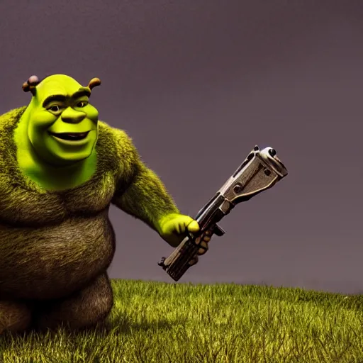 Image similar to shrek as a gun skin, masterpiece, highly detailed, high quality, 4 k, anatomically correct, hyperrealistic, concept art, octane render, unreal engine 5, trending on artstation, trending on deviantart, matte, historical painting, fantasy style, path traced, high coherence, soft lighting, digital painting, mythical