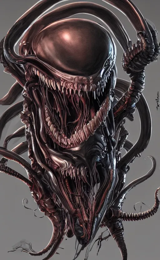 Prompt: ''xenomorph combined with venom, venomized, horror movie, creepy art, hyperrealistic art, digital art, cinematographic, concept art, artstation, 8 k''