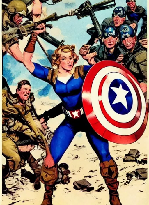 Image similar to beautiful female captain america standing on a pile of defeated, beaten and broken german soldiers. feminist captain america wins wwii. american wwii propaganda poster by james gurney. gorgeous face. overwatch