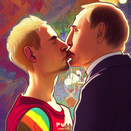 Image similar to Putin kissing his twin Putin wearing a rainbow shirt, LGBTQ, highly detailed, digital painting, artstation, concept art, sharp focus, illustration, art by greg rutkowski and alphonse mucha
