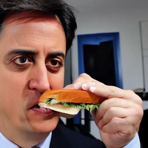 Prompt: Ed Miliband smelling sandwich on his face. Unpleasant aroma. Photo courtesy of BBC