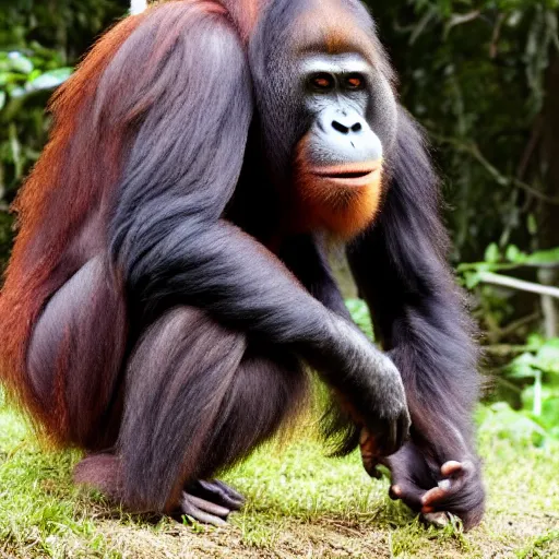 Image similar to orangutan and silverback gorilla hybrid animal real photo highly detailed