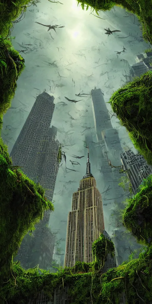 Image similar to an epic view of vines and moss growing on the empire state building, moss, jungle, with pterosaurs flying, close - up, low angle, wide angle, atmospheric, volumetric lighting, cinematic, 8 k, very realistic, highly detailed digital art, painted by tyler edlin