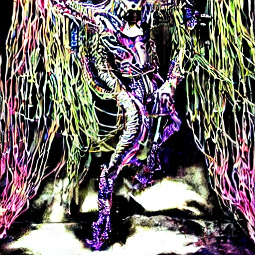 Image similar to 10,100 wemon worshipping the cybercore dragon angel pimp covered in wires damnatione emerging from cybercore damnation hell portal in the middle of my digusting dirty room, holy ceremony, heavens gate, low quality photo, flikr