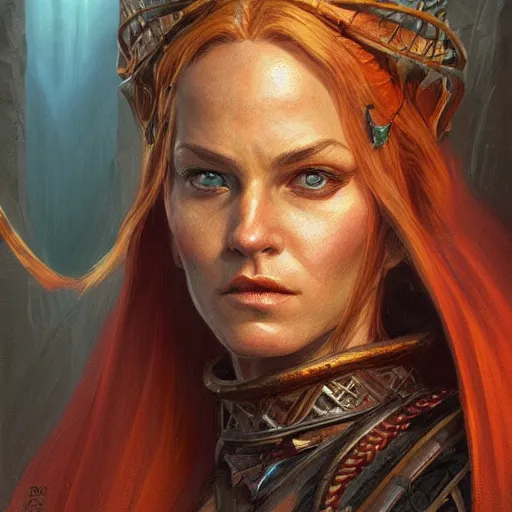 Image similar to the female flame wizard as a realistic d & d fantasy character, closeup portrait art by donato giancola and greg rutkowski, vintage retro, realistic face, digital art, trending on artstation, symmetry!!