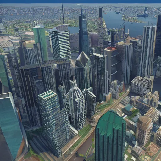 Prompt: canary wharf, screenshot from cities : skylines ( 2 0 2 5 ) vr game, isometric view, unreal engine, raytracing, volumetric fog resolution, ambient occlusion, anisotropy, shadow resolution, texture quality high, chromatic abberation, 8 k