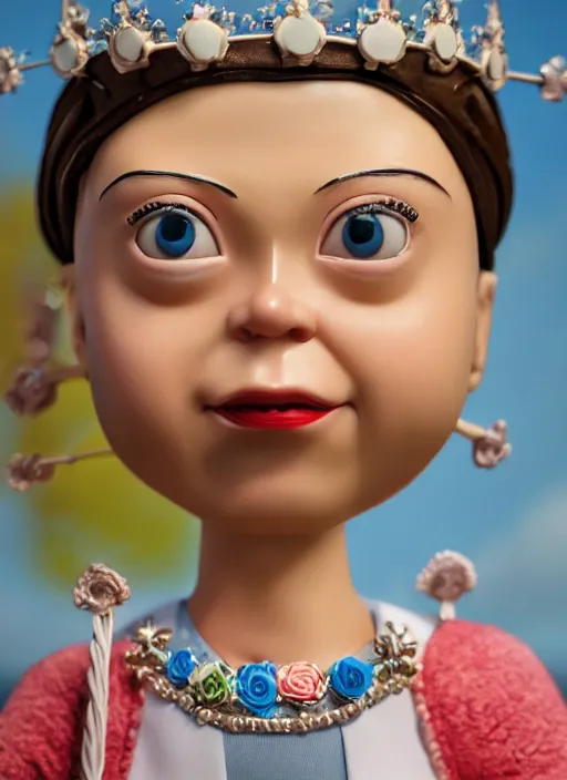 Prompt: closeup face profile portrait of tin toy greta thunberg as a nun princess wearing a crown eating cakes, bikini, depth of field, zeiss lens, detailed, symmetrical, centered, fashion photoshoot, by nicoletta ceccoli, mark ryden, lostfish, breathtaking, 8 k resolution, extremely detailed, beautiful, establishing shot, artistic, hyperrealistic, octane render