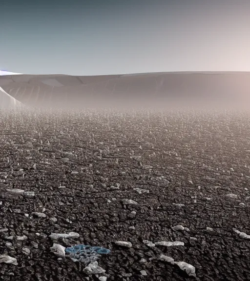 Image similar to hyperealistic render of a white bioremediation architecute in the mining tailings in atacama desert filled with stars at night, hazy and misty, magical feeling, uhd, high detail, corona render, unreal engine, ue 5, vray