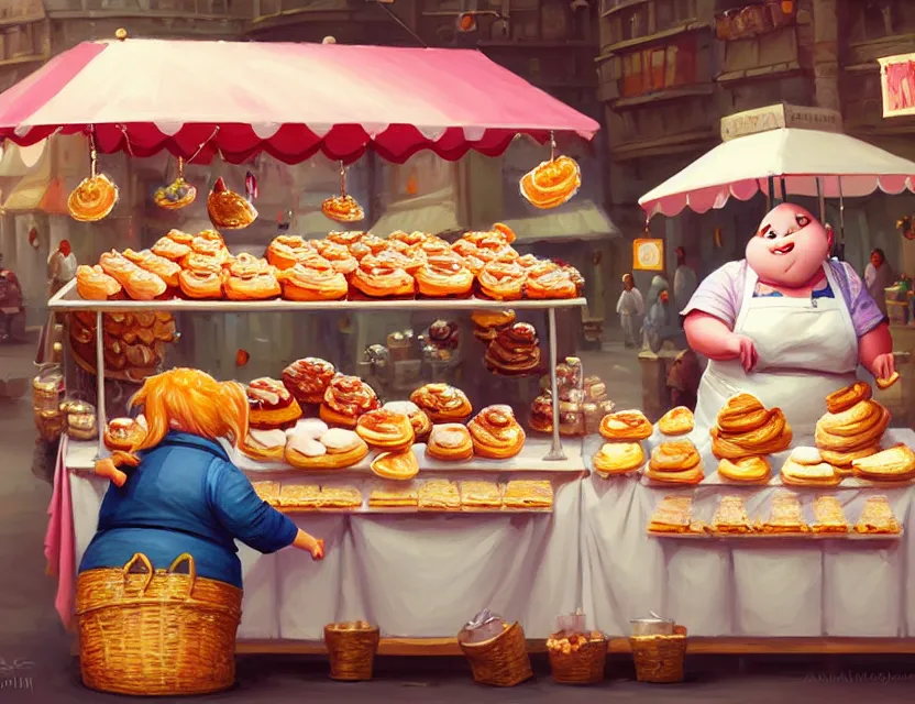 Image similar to a cute painting, one adorable very short fat obese kobold wearing an apron is happily selling delicious pastries at her stall in the market at kragkash, intricate, highly detailed, artstation, concept art, smooth, sharp focus, colorful scene, art by artgerm and greg rutkowski and wlop