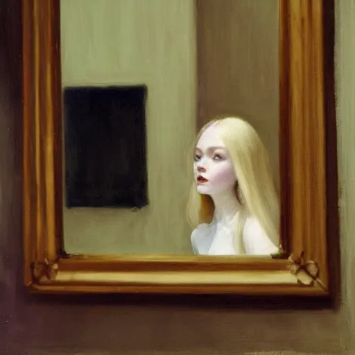 Image similar to Painting of Elle Fanning looking in a haunted mirror, long blonde hair, delicate, pale milky white porcelain skin, by Edward Hopper. 8K. Extremely detailed.