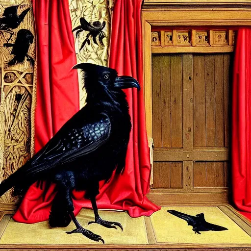 Prompt: a highly detailed painting of a raven, dressed in elegant tudor clothes, inside a room with thick red tapestries, by hans holbein