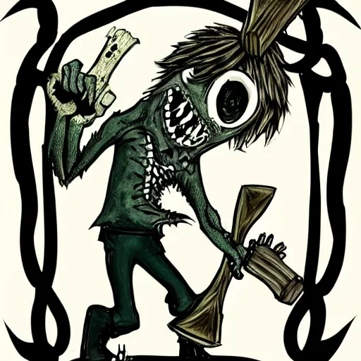 Image similar to grunge drawing of a cartoon disfigured monster holding an axe by mrrevenge, corpse bride style, horror themed, detailed, elegant, intricate