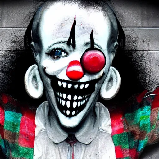 Prompt: terrifying clown, horror, creepypasta, unsettling, camera footage, found footage