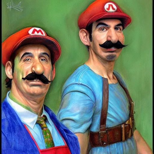 Prompt: a realistic portrait of mario and luigi in the style of donato giancola