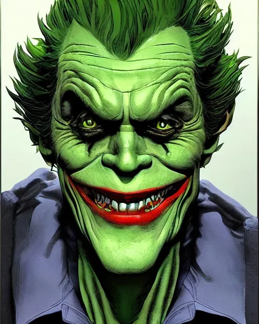 Image similar to portrait of willem dafoe green goblin as the joker, portrait photography, art by makoto shinkai and peter elson, bernie wrightson