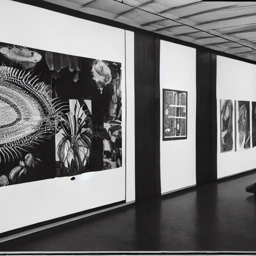 Prompt: A black and white photography printed in offset lithography of an exhibition space with works of Sun Ra, Marcel Duchamp and tropical plants, 60s, Modern Art