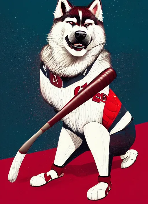 Image similar to commissioned full body portrait of a male anthro aslakan malamute with red fur playing baseball in a baseball stadium wearing a baseball uniform, by Kilian Eng, by Sandra Chevrier, trending on artstation