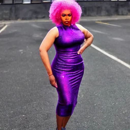 Image similar to a woman with pink hair wearing a purple dress, an album cover by Hedi Xandt, featured on tumblr, afrofuturism, made of rubber, made of plastic, elite