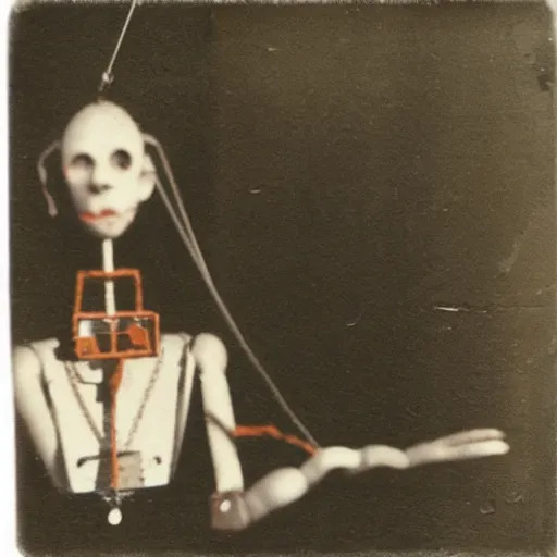 Prompt: female, creepy marionette puppet, horrific, unnerving, clockwork horror, pediophobia, lost photograph, dark, forgotten, final photo found before disaster, human laying unconscious in the background, polaroid,