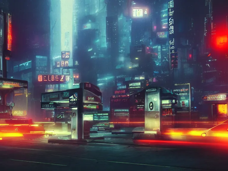 Prompt: photo of gas station,blade runner, cyberpunk,traffic, cinematic lighting, night, rain, trending on artstation, 8k, hyperrealistic, focused, extreme details, unreal engine 5, cinematic, masterpiece