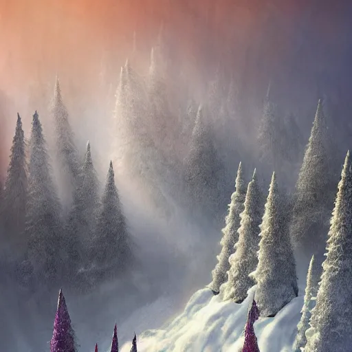 Image similar to The heaven-touching apex of the mountain drenched in brilliant light, spikes of thin light impaled the snow in a bristling, moving line, realm of whispers and mysteries, intricate, elegant, fantasy, highly detailed, digital painting, concept art, sharp focus, illustration, beautiful volumetric lighting, epic light, artstation, magic hour lighting, colorful, sunshine, by Sylvain Sarrailh, ine style of ori game