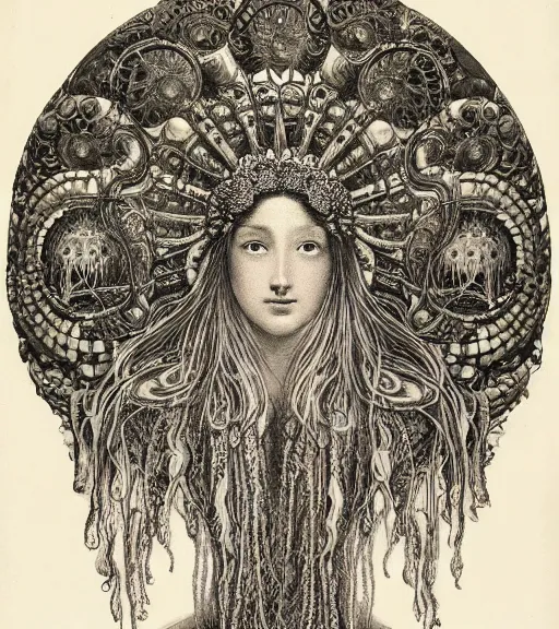 Prompt: portrait of a beatiful young goddess with intricate jellyfish headdress, dark background, intricate hyper detailed art by ernst haeckel,