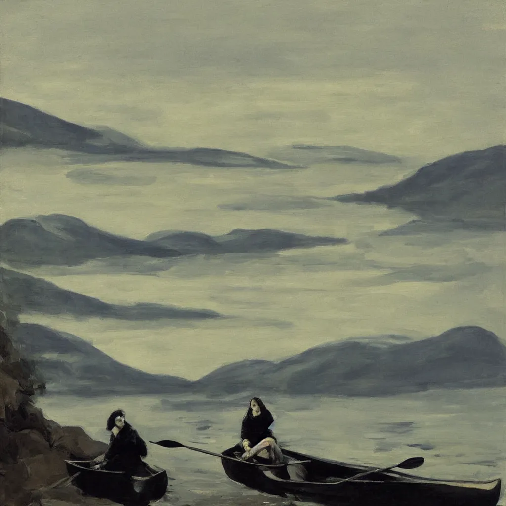 Prompt: “ a woman sitting in canoe on the hudson river, mountains in fog background, award winning oil painting, by george bellows ”