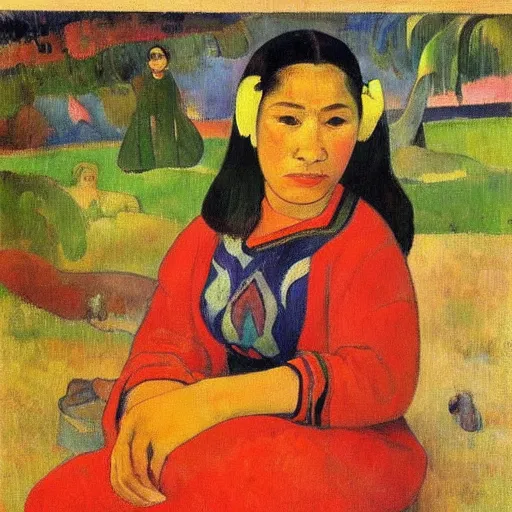 Image similar to very attractive and sensuous central asian woman realistic, full body, natural style by paul gauguin