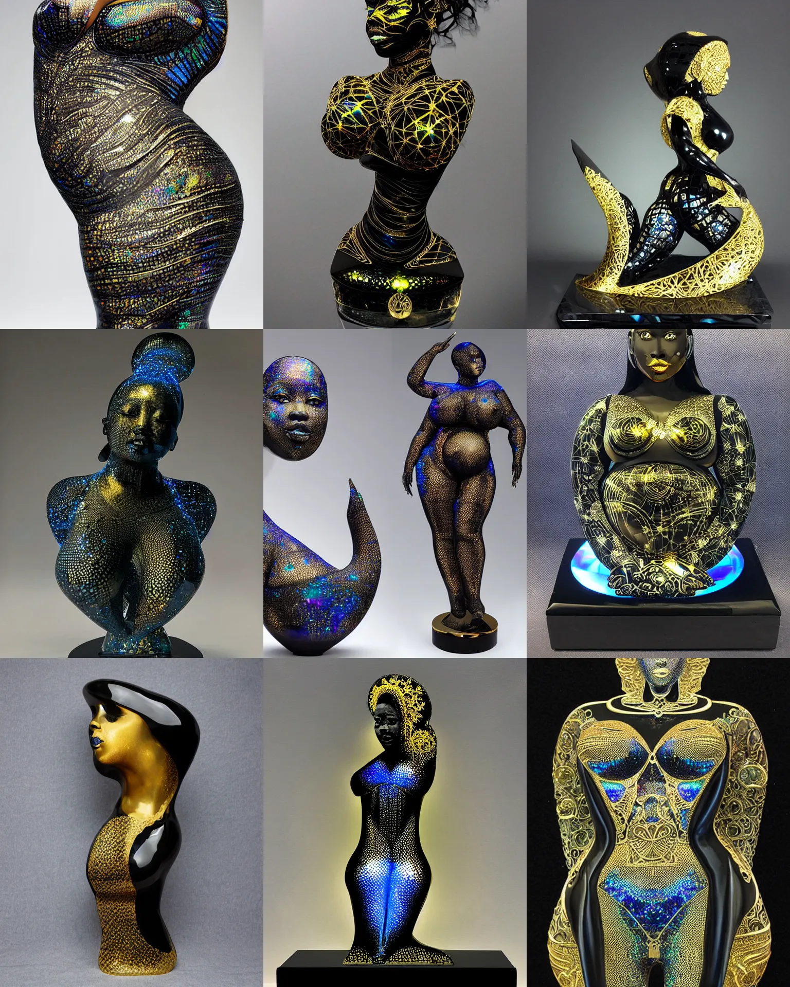 Prompt: intricate detailed holographic sculpture of futuristic fat curvy black empress, stone and glass, gorgeous, high contrast, blue gold and black