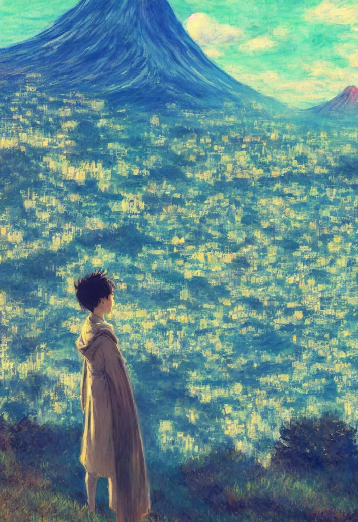 Image similar to tiny god in front of a japanese city in the mountain. cyberpunk. beautiful blue sky. gorgeous epic nature, lofi, vivid colors, amazing light, by jeremy lipkin, by claude monet, heavily inspired by makoto shinkai, inspired by ghibli, masterpiece, multiple brush strokes, impressionist style