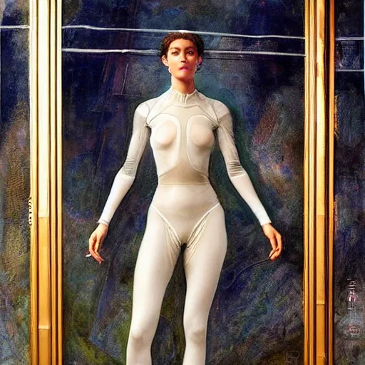 Prompt: full body portrait of a beautiful woman wearing a transparent plastic skin tight jumpsuit, Edgar Maxence and Ross Tran and Michael Whelan and Gustav Klimpt