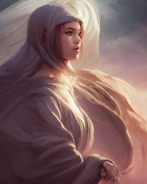 Image similar to a beautiful female cleric wearing a cloak, ethereal, dreamy, backlit, realistic face, realistic lighting, sharp focus, windswept, rule of thirds, by artgerm, wlop, rossdraws, frank frazetta, andrei riabovitchev, trending on artstation, hd, 4 k, fantasy