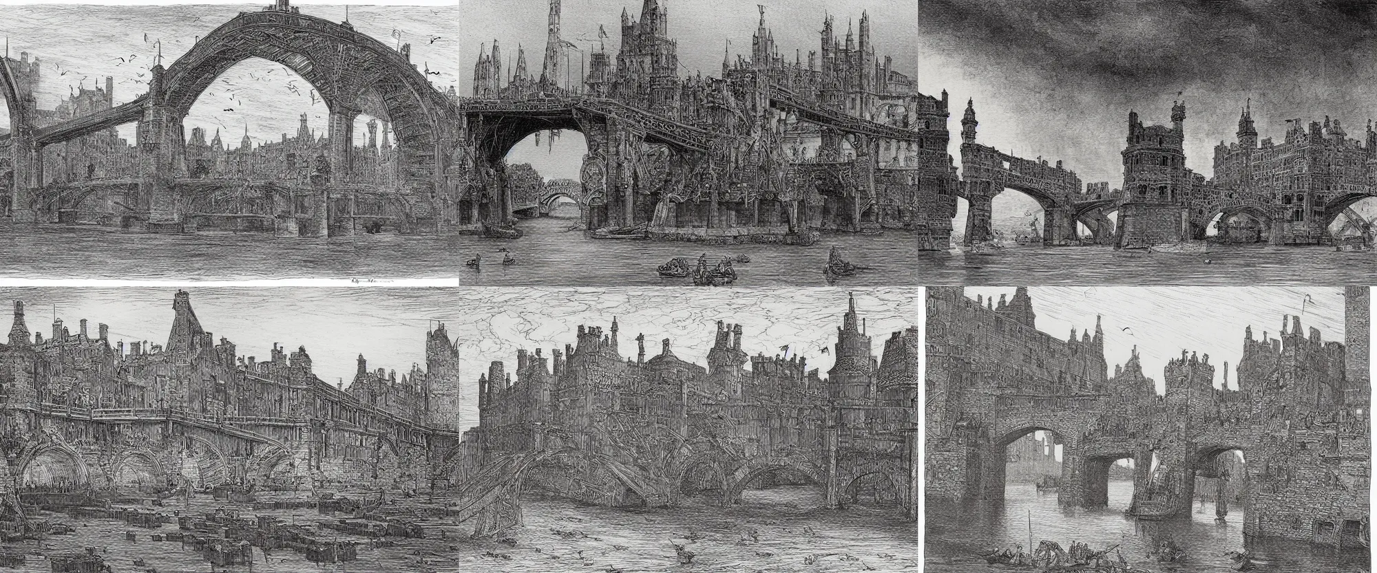 Prompt: a black and white illustration of elizabethan london bridge over the river thames by bernie wrightson, ian miller, gustave dore, albrecht durer, storybook illustration, highly detailed, pen and ink on paper