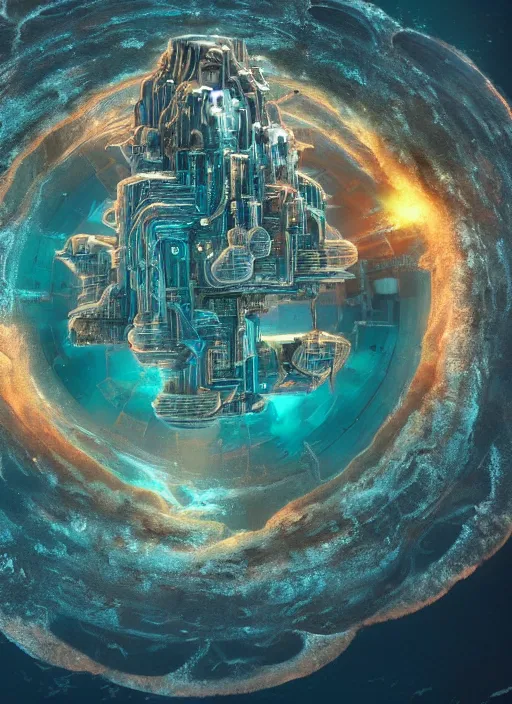 Prompt: atlantis sinking into the ocean, little planet, an odyssey beyond reality, cinematic, hyper realism, high detail, octane render, unreal engine, 8 k, vibrant color, from the spirals of galaxies to the hexagonal shapes of snow crystals!, futuristic toaster with complex circuitry, potions for the modern adventurer, by andrea chiampo and chet zar