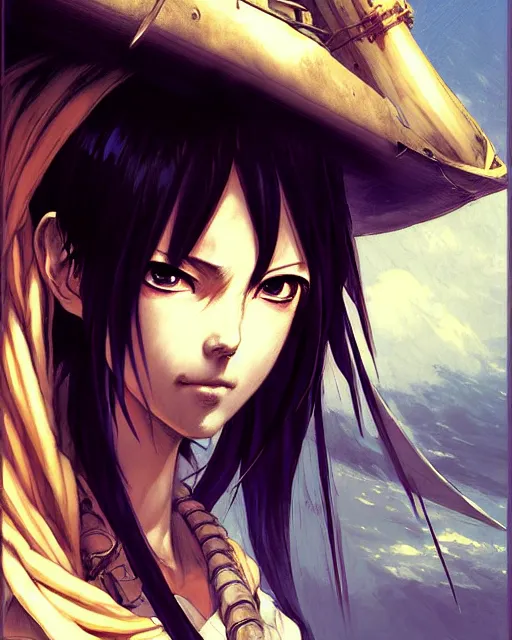 Image similar to portrait Anime Pirate on a ship Sharp fine face, pretty face, realistic shaded Perfect face, fine details. Anime. Antique Renaissance realistic shaded lighting by katsuhiro otomo ghost-in-the-shell, magali villeneuve, artgerm, rutkowski Jeremy Lipkin and Giuseppe Dangelico Pino and Michael Garmash and Rob Rey