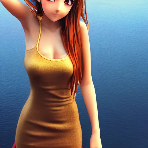 Image similar to Render of a very beautiful 3d anime girl, long hair, hazel eyes, cute freckles, short smile, cute sundress, golden hour, serene beach setting, medium shot, mid-shot, highly detailed, trending on Artstation, Unreal Engine 4k