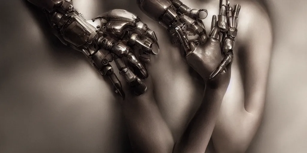 Image similar to hyperrealistic photography of a stunningly beautiful cyborg female, mechanical elbow, plated arm, intimate, holding hands, in the style of beth cavener, jin kagetsu,, and wlop, highly detailed, intricate, face symmetry, masterpiece, award - winning, sharp focus, concept art, high key, ambient lighting, 8 k, artstation