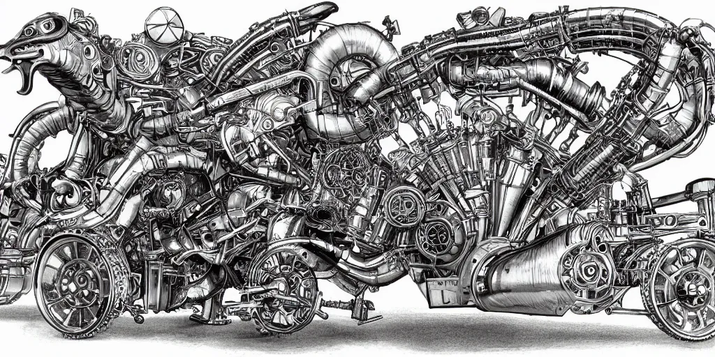 Prompt: schematic of a fighting rooster made of car engine parts, schematic, dieselpunk, masterpiece, illustration, hand drawn, intricate, highly detailed